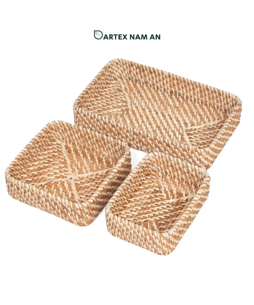 Upgrade guest amenities with our handwoven natural rattan Wholesale Vanity Tray set of 3. Low-profile twill-woven trays for hand towels, toiletries, and desk caddies. Bulk ready.