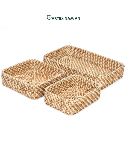Upgrade guest amenities with our handwoven natural rattan Wholesale Vanity Tray set of 3. Low-profile twill-woven trays for hand towels, toiletries, and desk caddies. Bulk ready.