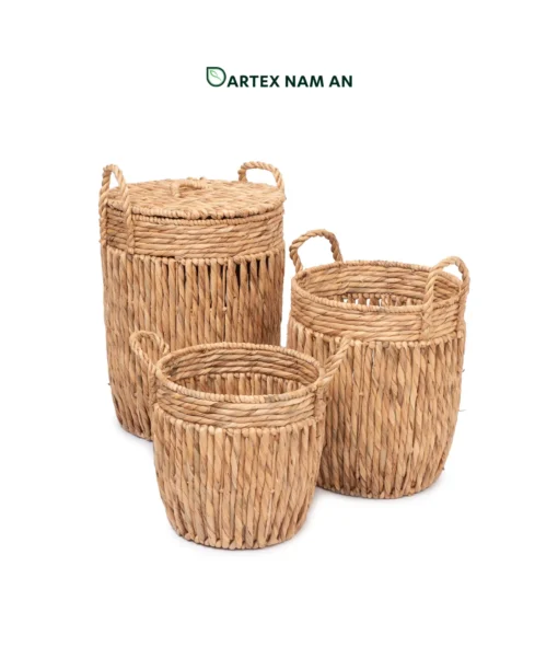 Streamline laundry management with our handwoven water hyacinth Wholesale Laundry Basket set of 3. Features round nesting hampers with handles and lids for HORECA and home. Bulk trade ready.