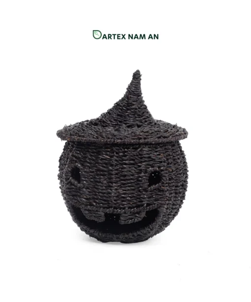 Source our black handwoven seagrass Storage Basket Wholesale set of 2. Halloween Jack-o'-Lantern baskets with witch hat lids for HORECA and retail. Bulk trade ready.