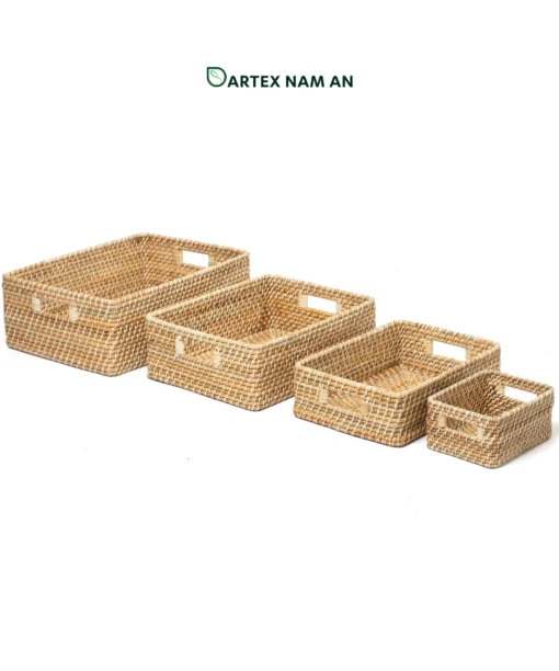 Organize commercial and home spaces with our handwoven natural rattan Wholesale Storage Basket set of 4. Nesting rectangular bins with handles for towels, linens, and amenities. Bulk ready.