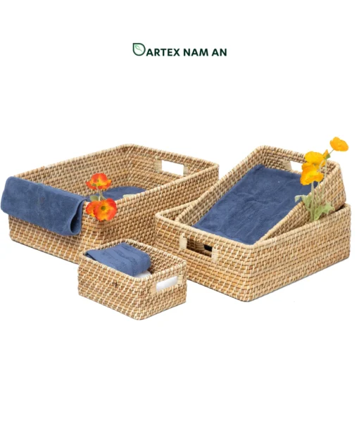 Organize commercial and home spaces with our handwoven natural rattan Wholesale Storage Basket set of 4. Nesting rectangular bins with handles for towels, linens, and amenities. Bulk ready.