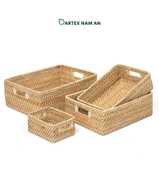 Organize commercial and home spaces with our handwoven natural rattan Wholesale Storage Basket set of 4. Nesting rectangular bins with handles for towels, linens, and amenities. Bulk ready.
