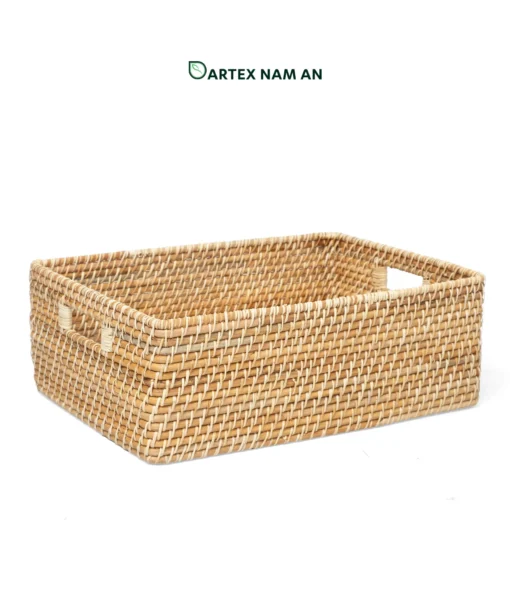 Organize commercial and home spaces with our handwoven natural rattan Wholesale Storage Basket set of 4. Nesting rectangular bins with handles for towels, linens, and amenities. Bulk ready.