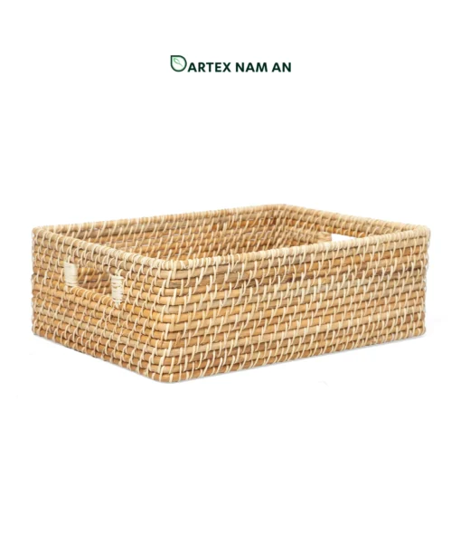 Organize commercial and home spaces with our handwoven natural rattan Wholesale Storage Basket set of 4. Nesting rectangular bins with handles for towels, linens, and amenities. Bulk ready.
