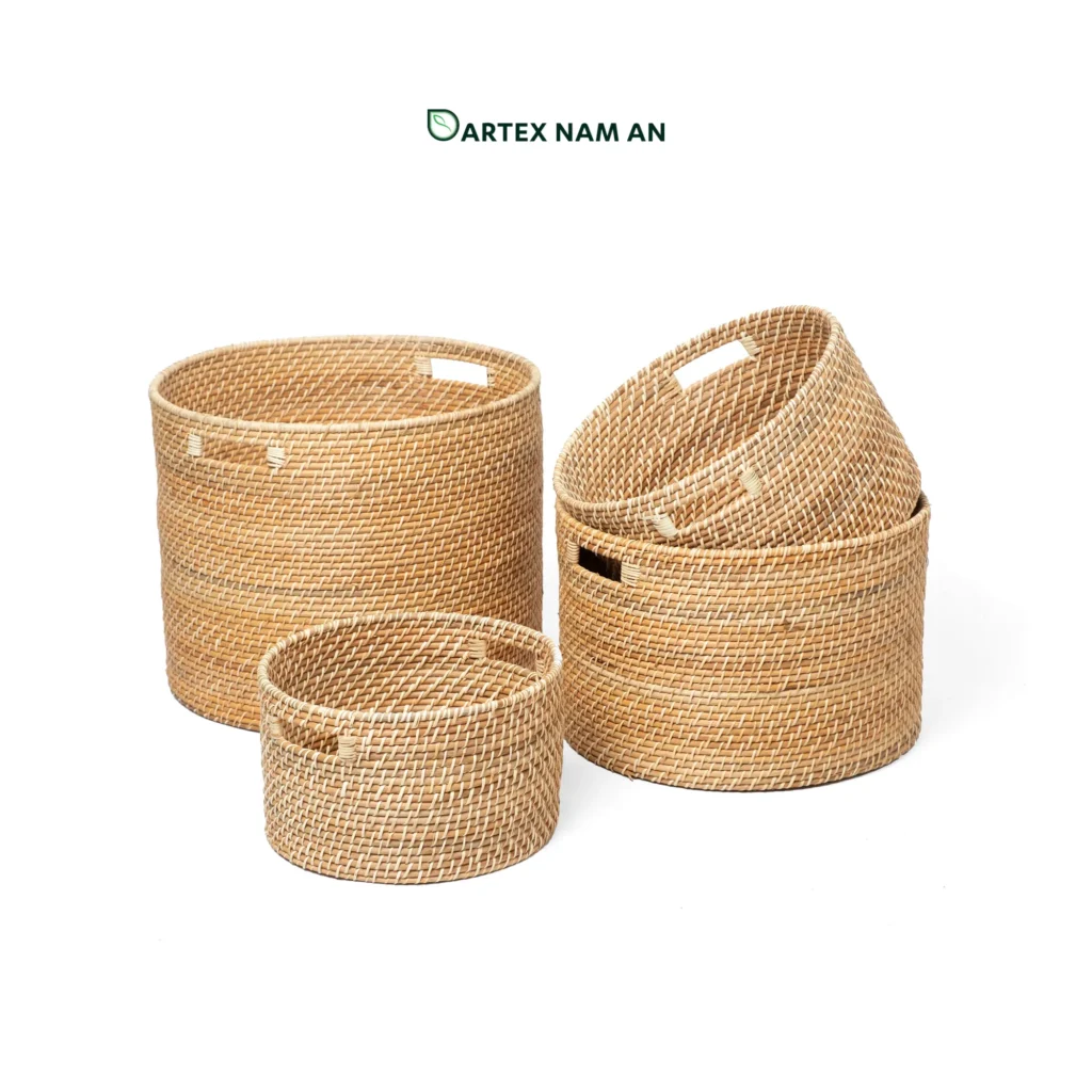Organize commercial and residential spaces with our round handwoven natural rattan Wholesale Storage Basket set of 4. Nesting cylindrical bins with handles for towels, planters, and guest amenities. Bulk ready.
