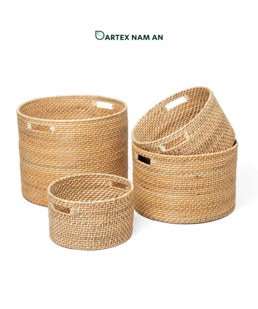 Organize commercial and residential spaces with our round handwoven natural rattan Wholesale Storage Basket set of 4. Nesting cylindrical bins with handles for towels, planters, and guest amenities. Bulk ready.