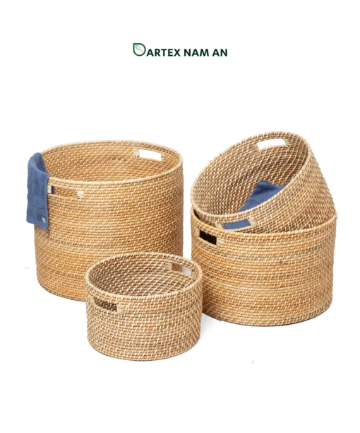 Organize commercial and residential spaces with our round handwoven natural rattan Wholesale Storage Basket set of 4. Nesting cylindrical bins with handles for towels, planters, and guest amenities. Bulk ready.
