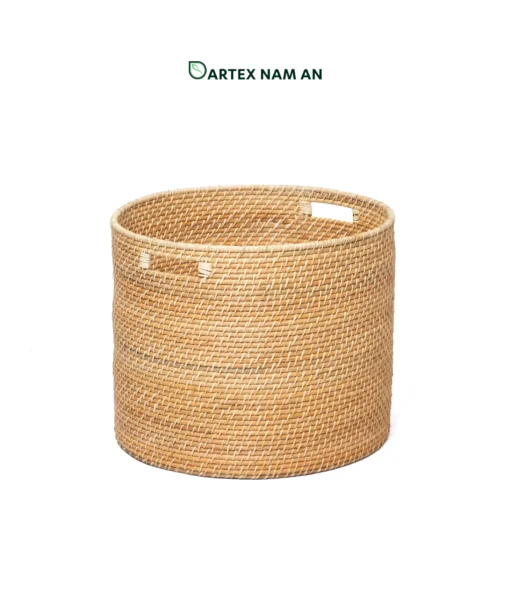 Organize commercial and residential spaces with our round handwoven natural rattan Wholesale Storage Basket set of 4. Nesting cylindrical bins with handles for towels, planters, and guest amenities. Bulk ready.