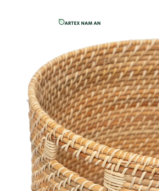Organize commercial and residential spaces with our round handwoven natural rattan Wholesale Storage Basket set of 4. Nesting cylindrical bins with handles for towels, planters, and guest amenities. Bulk ready.