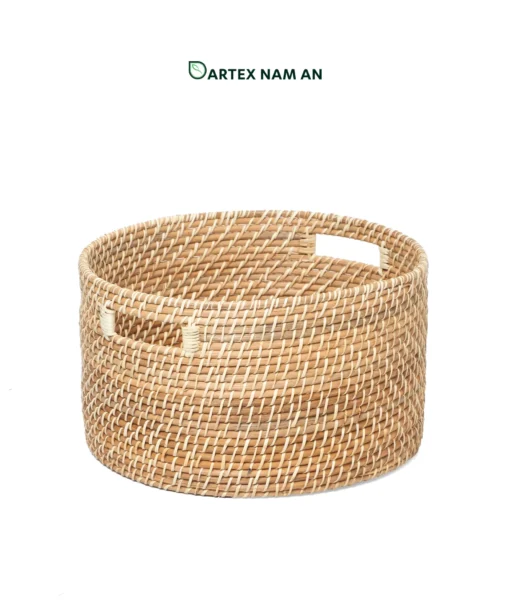 Organize commercial and residential spaces with our round handwoven natural rattan Wholesale Storage Basket set of 4. Nesting cylindrical bins with handles for towels, planters, and guest amenities. Bulk ready.