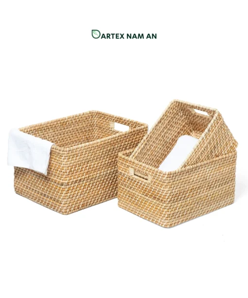 Source our handwoven natural rattan Storage basket wholesale nesting set. Rectangular shelf organizers with handles for towels, linens, and amenities. Bulk ready.